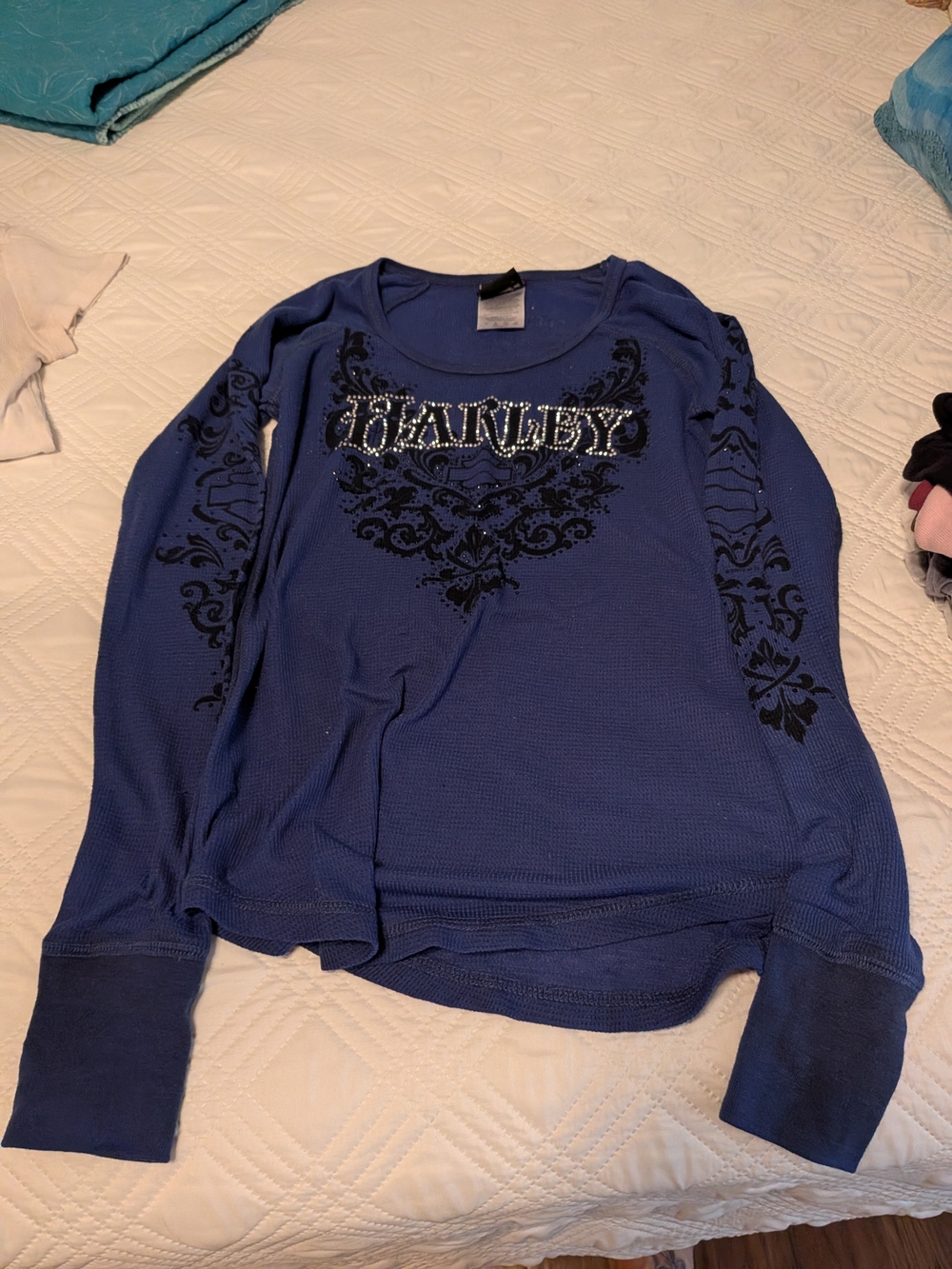 Harley Davidson Women's Blue Embellished Long-Sleeve Top